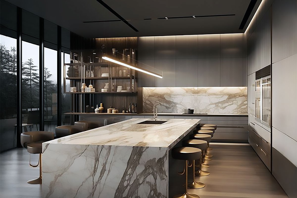 Kitchen island with waterfall marble, gold stools and layered lighting