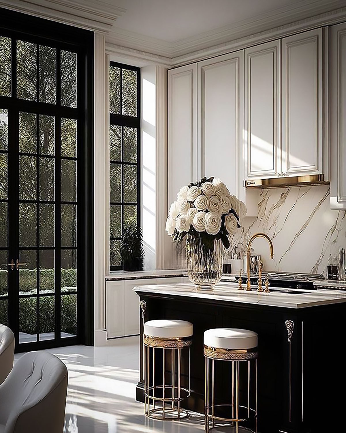 Kitchen with black marble island, gold stools and white cabinetry