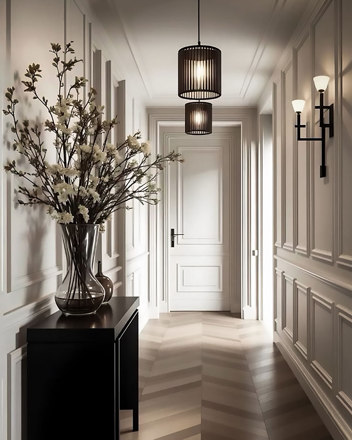 Hallway with chevron timber floor, white panelling and black pendants