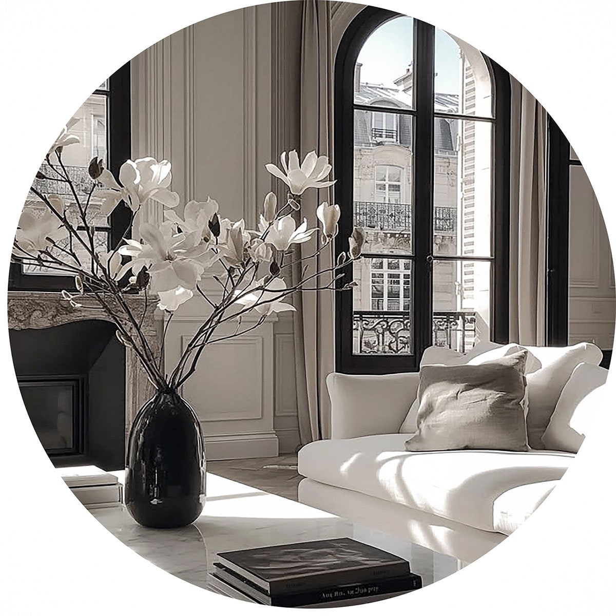 Living room with magnolia branches on a marble table and arched windows