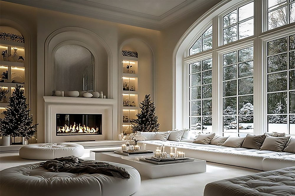 White living room with fireplace, arched window and winter landscape beyond