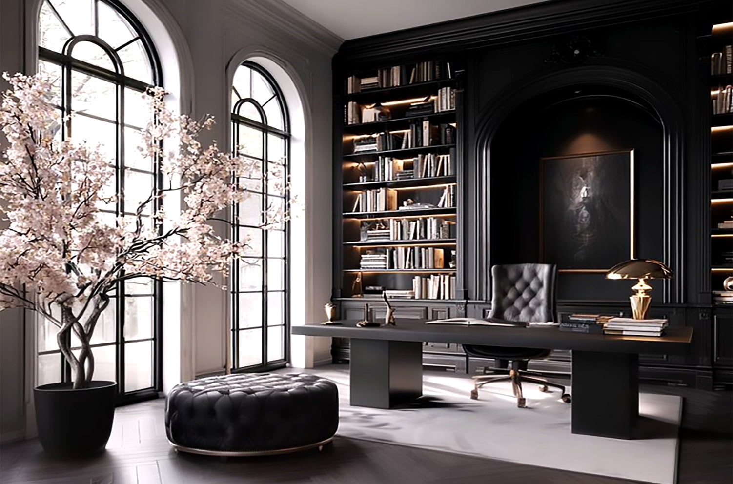 Dark home office with arched windows and illuminated black cabinetry