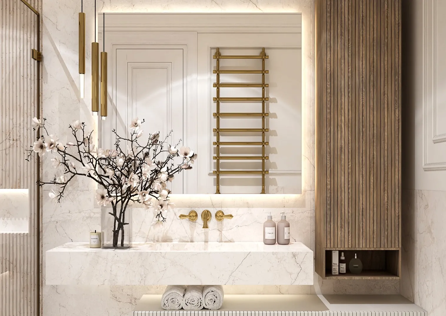 Bathroom with layered lighting, stone surfaces and timber details