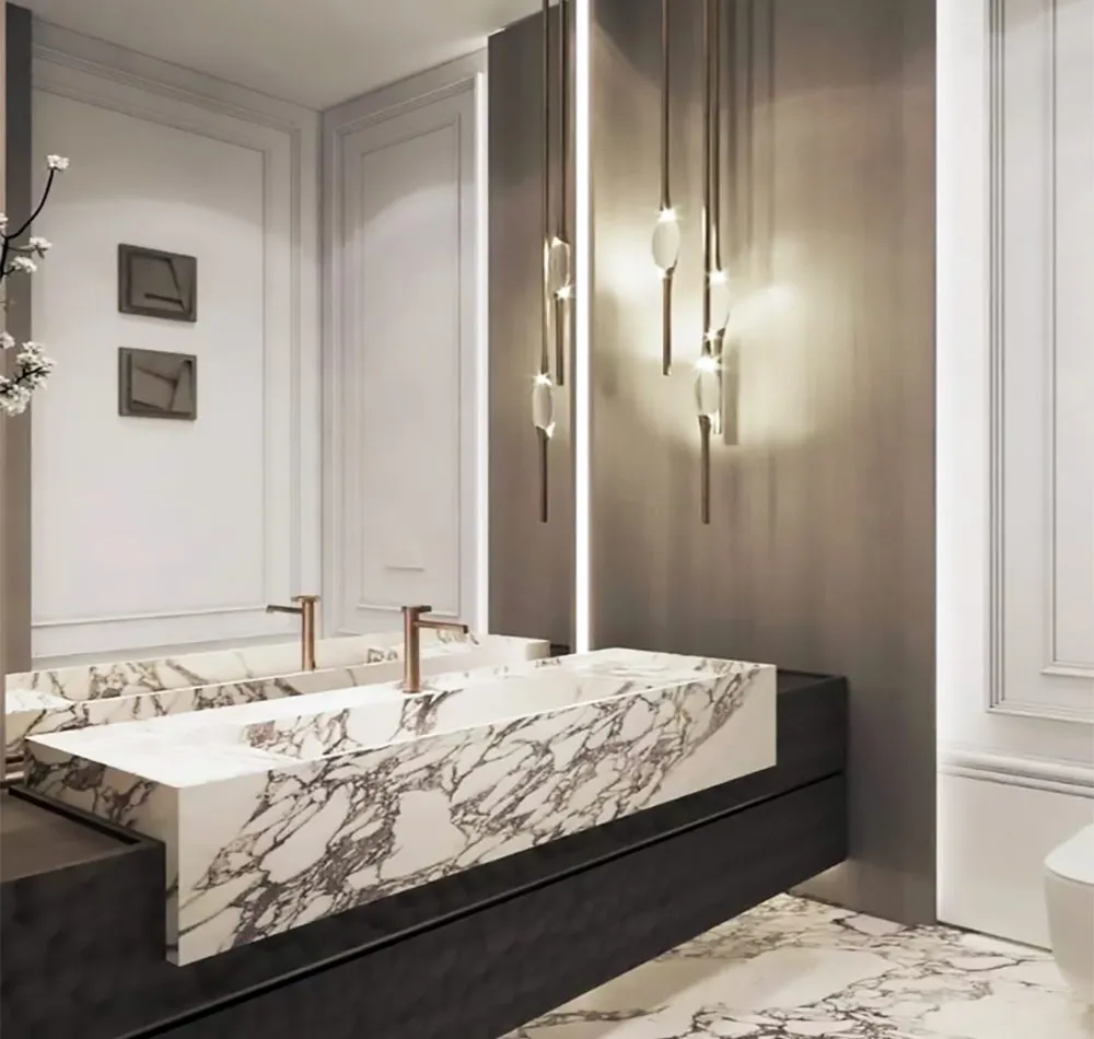 Bathroom with custom vanity and warm lighting