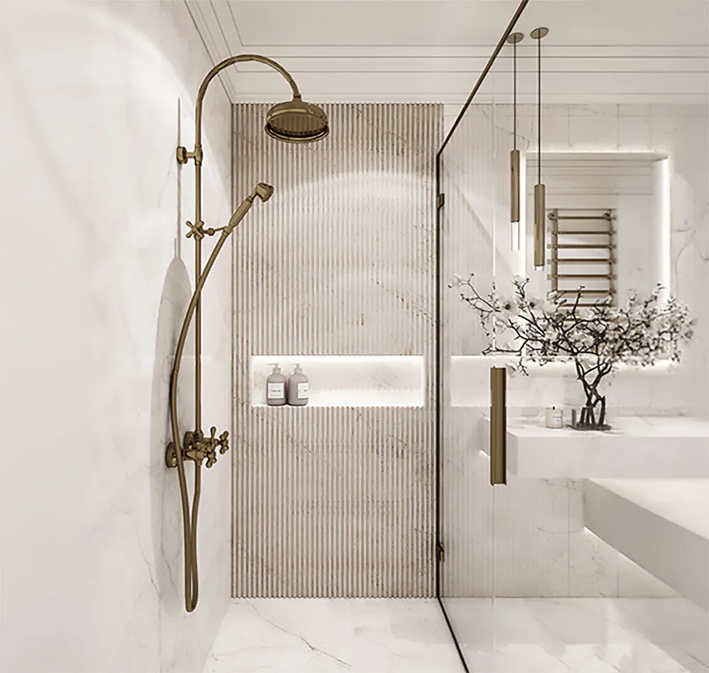 Bathroom interior with vanity, mirror and stone surfaces