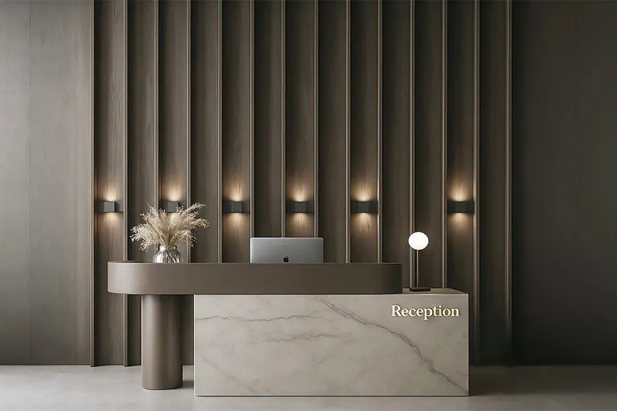 Commercial reception area with stone counter and lounge furniture
