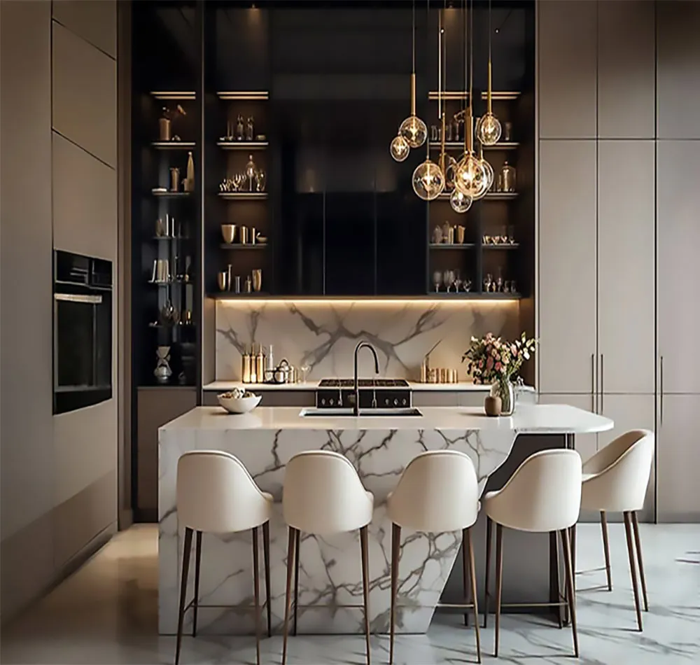 Kitchen interior with cabinetry and stone surfaces