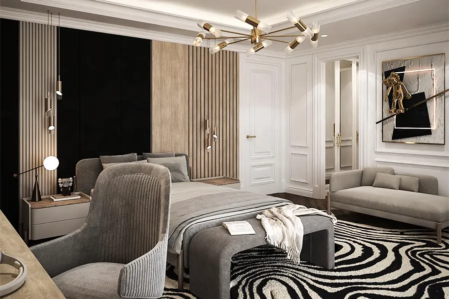 Home interior with custom cabinetry and lighting